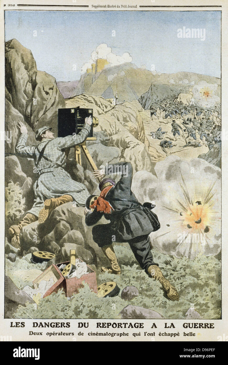 Cameramen under fire while filming an engagement while reporting on the First Balkan War, 1912-1913.  This war was between the Balkan League (Bulgaria, Greece, Serbia and Montenegro) against  the Turks (Ottoman Empire) an their repressive policies. From 'Le Petit Journal', (Paris, 3 November 1912). Stock Photo