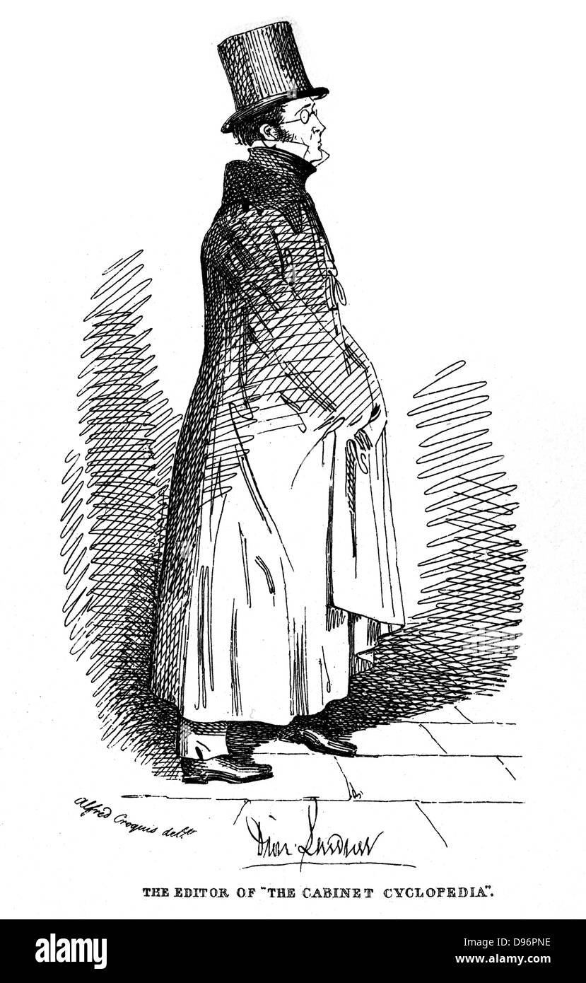 Dionysius Lardner (1793-1859) Irish-born scientific writer.  Professor of natural philosophy and astronomy at London University (University College). From 1840-1845 he lectured in USA and Cuba. He then returned to Europe and settled in Paris.  Author of the 'Cabinet Cyclopaedia' (London, 1849). From a print after Daniel Maclise (1806-1870) Irish  for Fraser's Magazine (London, 1830-1838). Stock Photo