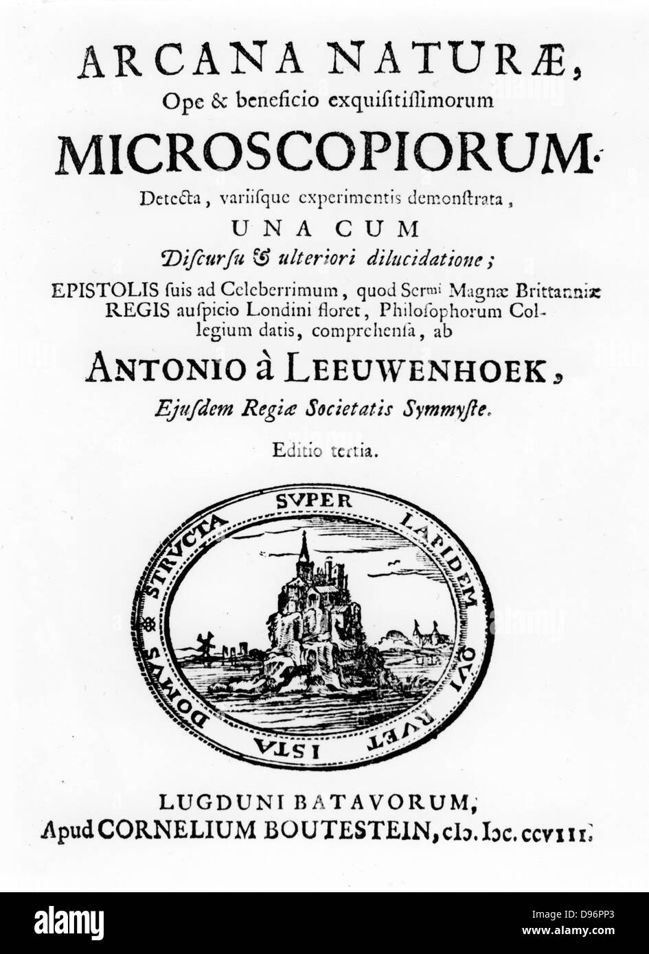 Anton van Leeuwenhoek (1632-1723), Dutch pioneer microscopist.   Title page of 'Microscopium' by Anton van Leeuwenhoek, third edition, (Leyden, 1708). Leeuwenhoek was one of the first to recognise cells in animals and to give the first accurate description of microbes and spermatzoma and blood corpuscles. Stock Photo