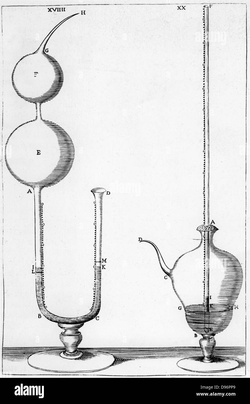 Two designs of barometer using mercury, c1666. From 'Saggi de naturali esperienze fatte nell' Accademia del Cimento', 2nd edition. (Florence, 1691). Engraving. Stock Photo