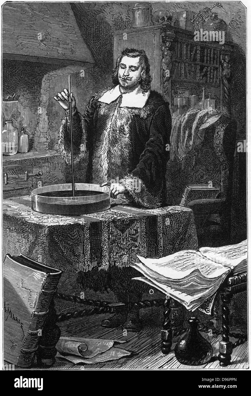 Evangelista Torricelli inventing the mercury barometer, 1643. Torricelli (1608-1647) demonstrated that liquid will rise in a tube unless the weight of the column of liquid is equal to the pressure of the air pressing on an equal section of the reservoir of liquid. The height of a column will depend on the density of the liquid used. Thus a column of water would be 9.75m (32 feet), while that of mercury which is approximately 13.5 times denser, would be .736m (29 ins). From 'The Atmosphere', by Camille Flammarion. (London 1873). Stock Photo