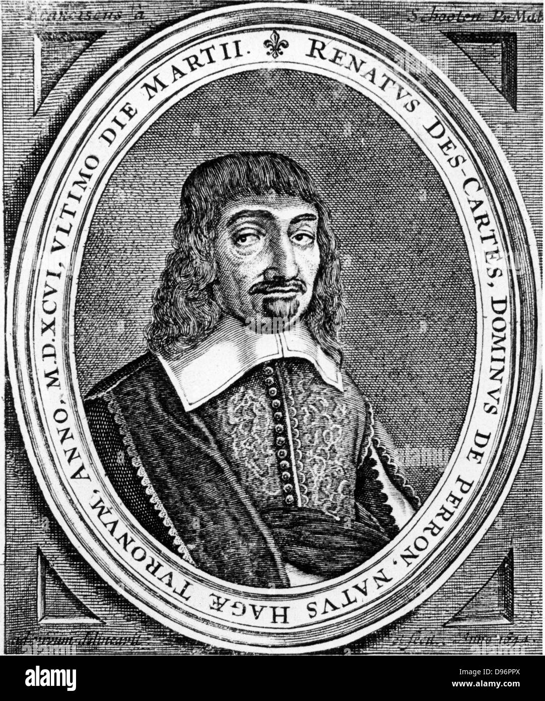Rene Descartes (1596-1650) French philosopher and mathematician.  From an edition of his 'Principia Philosophica'. (Amsterdam, 1672). Engraving. Stock Photo