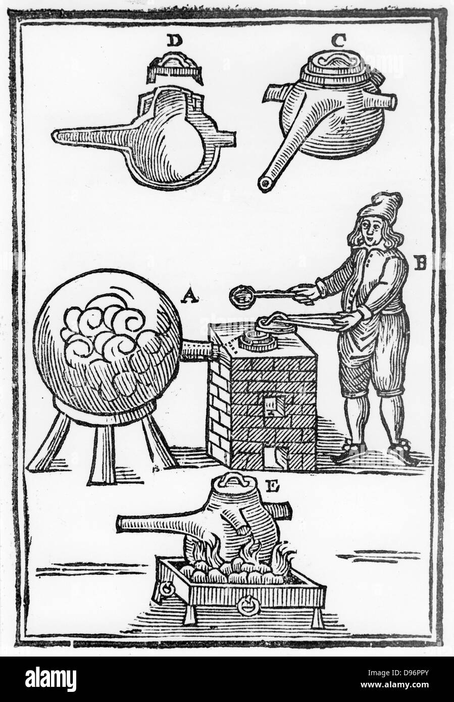 Distillation of oil of vitriol also known as sulphuric acid, 1651. Iron retort with cover, detail at C,D, is placed in furnace and connected to receiver at A. At B the operator is removing pot lid with tongs and inserting ingredients with a ladle.  This process entailed prolonged heating.  At E is a pot placed directly on the fire rather than in furnace. From 'A Description of New Philosophical Furnaces', by Johann Rudolph Glauber. (London 1651). First English edition, translated by John French. Woodcut. Stock Photo