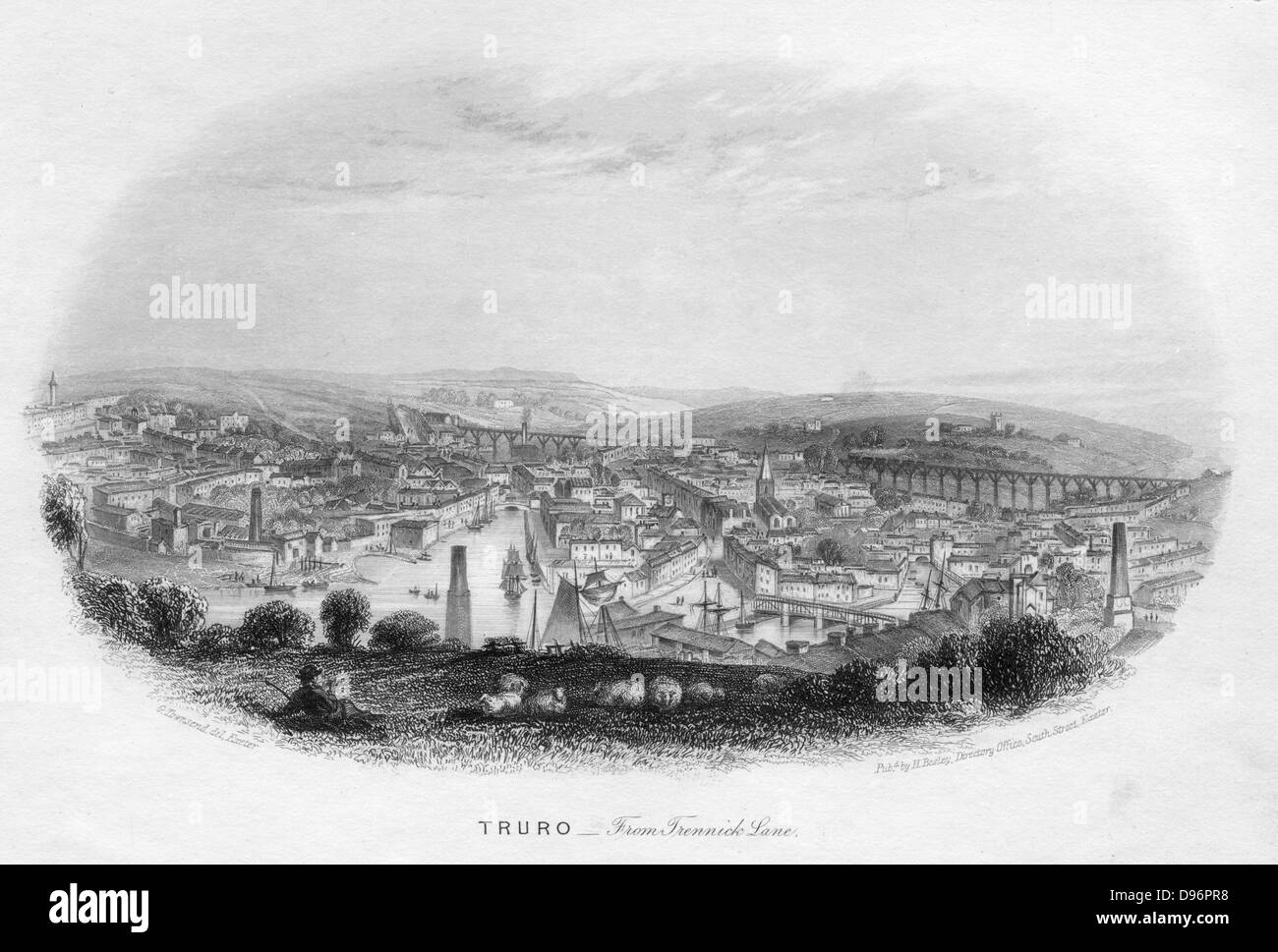Truro, from Trennick Lane', 1860. The Cornwall Railway, later part of the Great Western Railway (GWR), at Truro, showing one of Isambard Kingdom Brunel's (1806-1859) timber viaducts, built from Kyanzed yellow Baltic pine from Memel. The timberwork had a life of 30 years. Illustration by George Townsend (1818-1894) for 'Views of Devonshire and Cornwall' by Henry Besley, (Exeter c1860). Engraving. Stock Photo