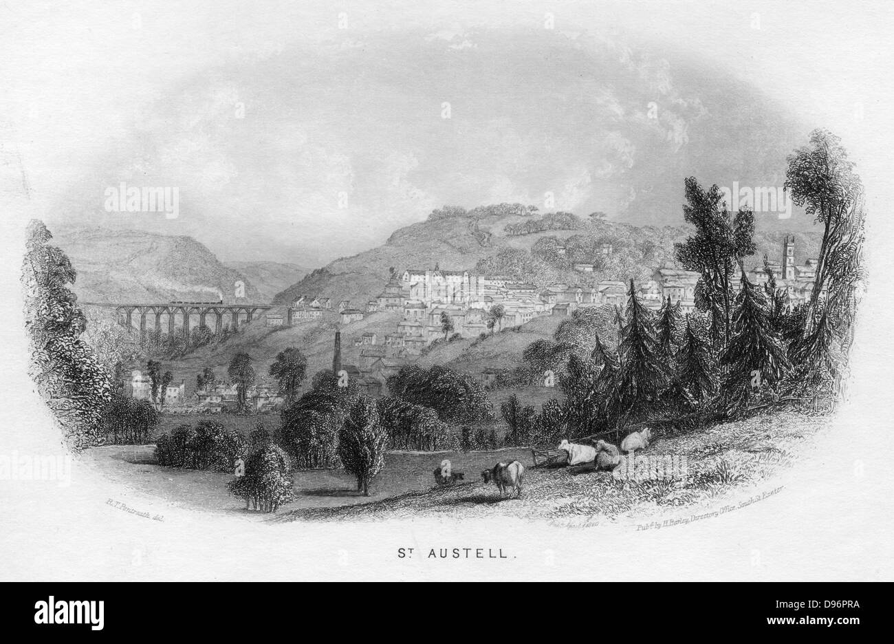 St Austell', 1860. Cornwall Railway, later Great Western Railway (GWR) at St Austell, showing one of Isambard Kingdom Brunel's (1806-1859) timber viaducts. Built from Kyanzed yellow Baltic pine from Memel, the timberwork had a life of 30 years. Illustration by RT Pentreath for 'Views of Devonshire and Cornwall' by Henry Besley. (Exeter c1860). Engraving. Stock Photo