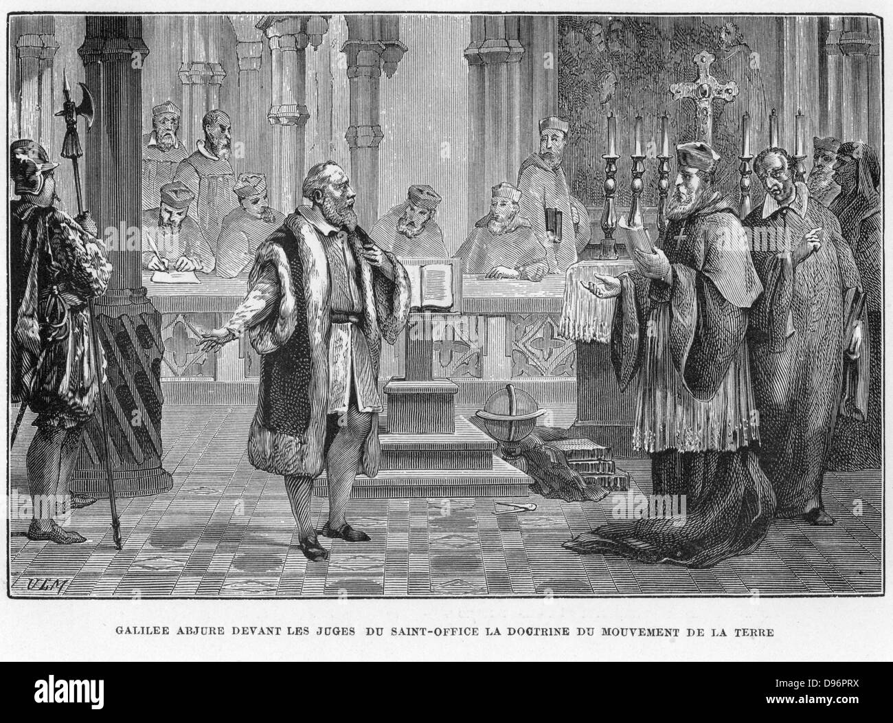 Galileo Galilei (1564-1642) Italian astronomer, mathematician and physicist.   Here he is facing the Inquisition, who challenged his claim that the earth moves, thus contradicting the theories of Aristotle. From 'Vies des Savants Illustres' by Louis Figuier. (Paris, 1870). Engraving. Stock Photo