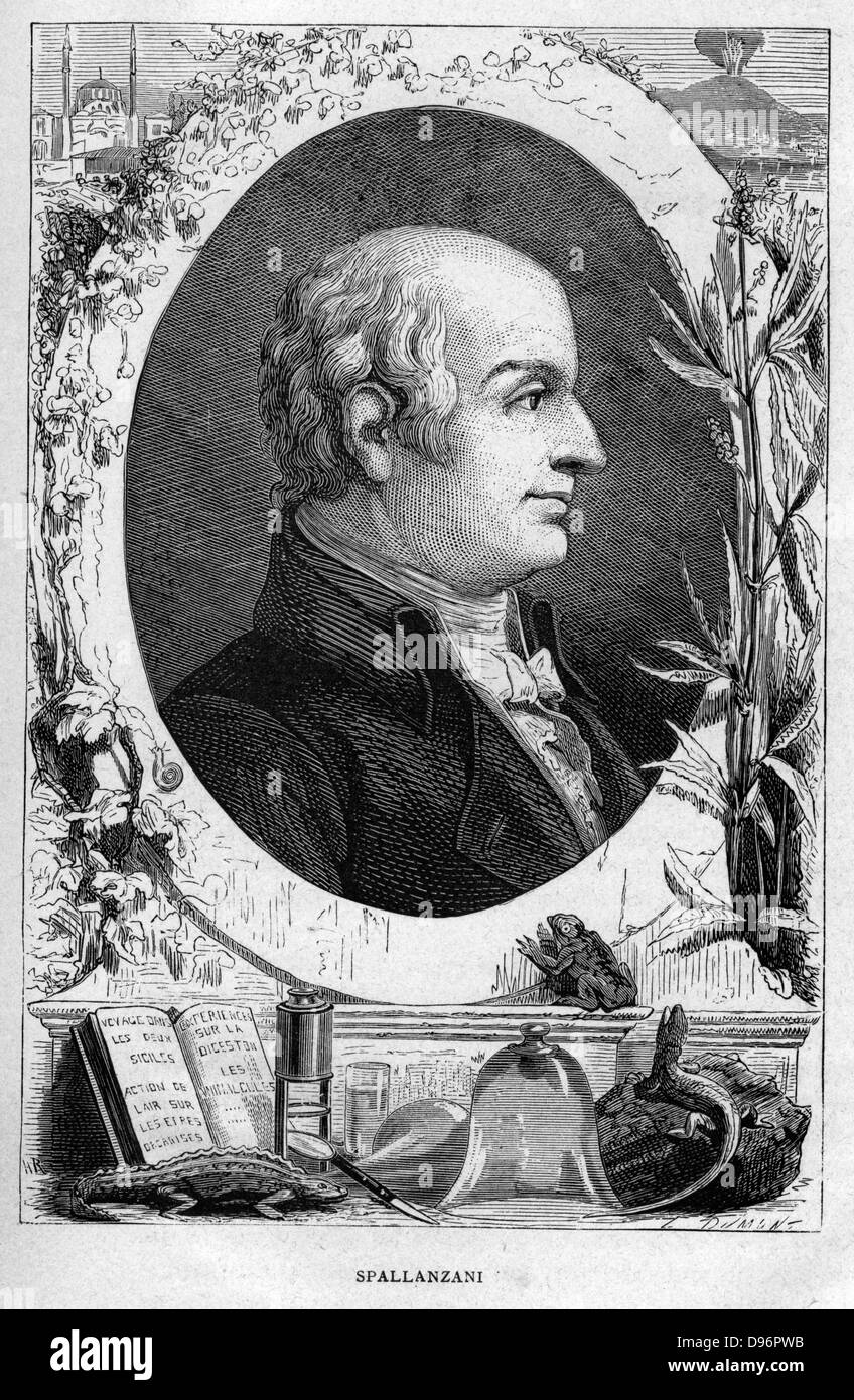 Lazzaro Spallanzani (1729-1799) Italian biologist.  He worked on bacteria (disproved spontaneous generation), digestion (first to use term gastric juice), respiration (proved tissues use oxygen and produce carbon dioxide). Pioneer of Vulcanology. From 'Vies Des Savants: Illustres du XVIIIe Siecle' by Louis Figuier. (Paris, 1874). Wood engraving. Stock Photo