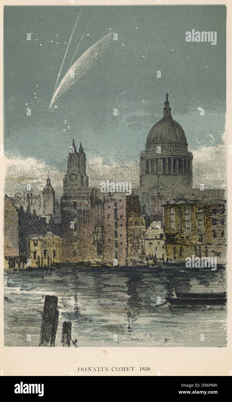 Donati's comet of 1858 viewed over St Paul's Cathedral, London. Named for Giovanni Donati (1826-1873), the Italian astronomer who first recorded its appearance. From 'Sun, Moon and Stars' by Agnes Giberne. (London, 1884). Chromolithograph. Stock Photo