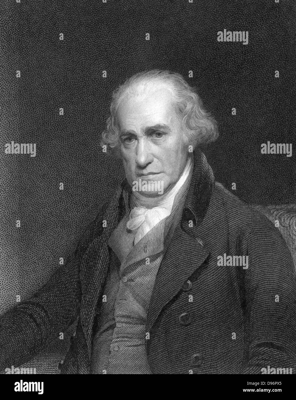 James Watt, Scottish engineer and inventor.    Watt (1736-1819) made great improvements to the steam engine, one of the most significant being the separate condenser.  In 1774 he went into partnership with Matthew Boulton (1728-1809) the Birmingham manufacturer and entrepreneur. From 'The Gallery of Portraits', London, 1833. Engraving. Stock Photo