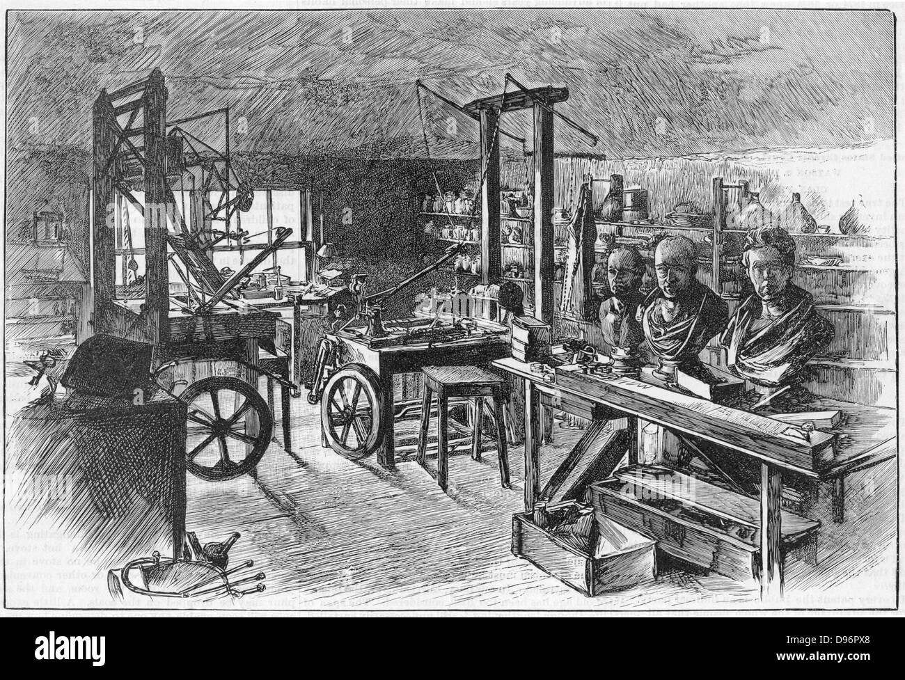 James Watt's workshop at Heathfield Hall, Birmingham, 1886.  It had not been disturbed since his death in 1819.  Watt (1736-1819) made great improvements to the steam engine, one of the most significant being the separate condenser.  In 1774 he went into partnership with Matthew Boulton (1728-1809) the Birmingham manufacturer and entrepreneur. From 'Scientific American'. (New York, 19 June 1886). Stock Photo