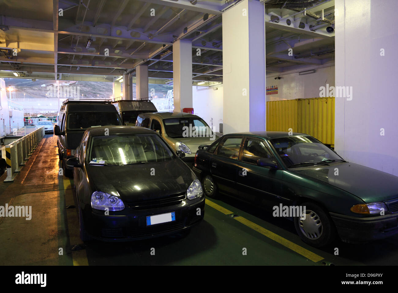 Autos in the car deck of a ferry ship in Tangier Med, Morocco Stock Photo