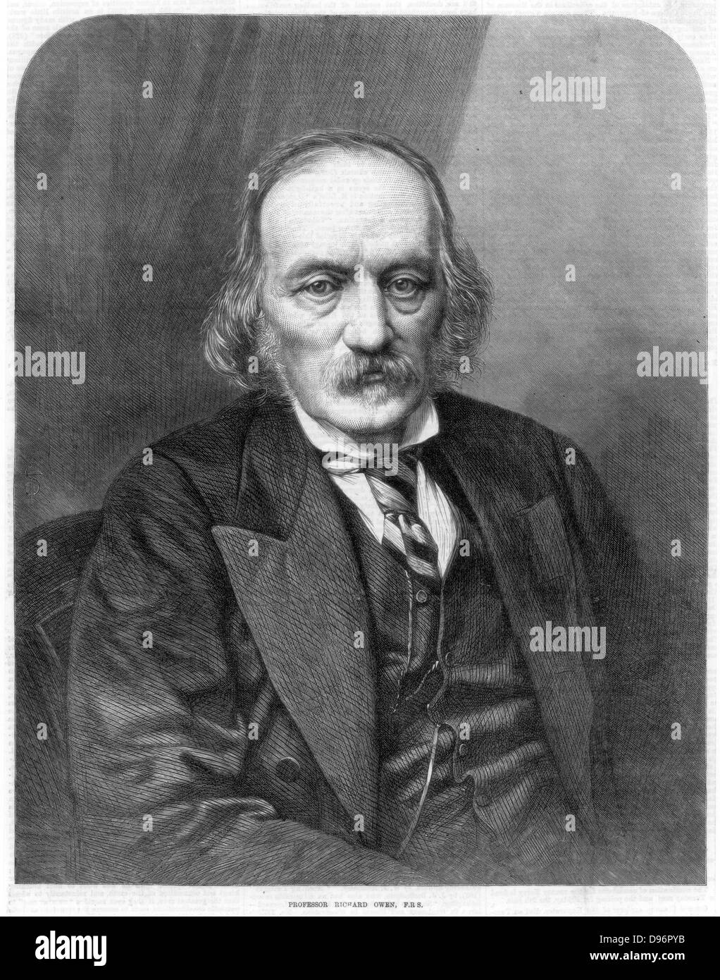 Richard Owen (1804-1892) English anatomist and paleontologist. He coined the word 'dinosaur' (terrible lizard) in 1841. Opposed Darwin's theory of natural selection. Director of the Natural History  Museum, London.  From 'The Illustrated London News', (London, 3 February 1872). Engraving. Stock Photo