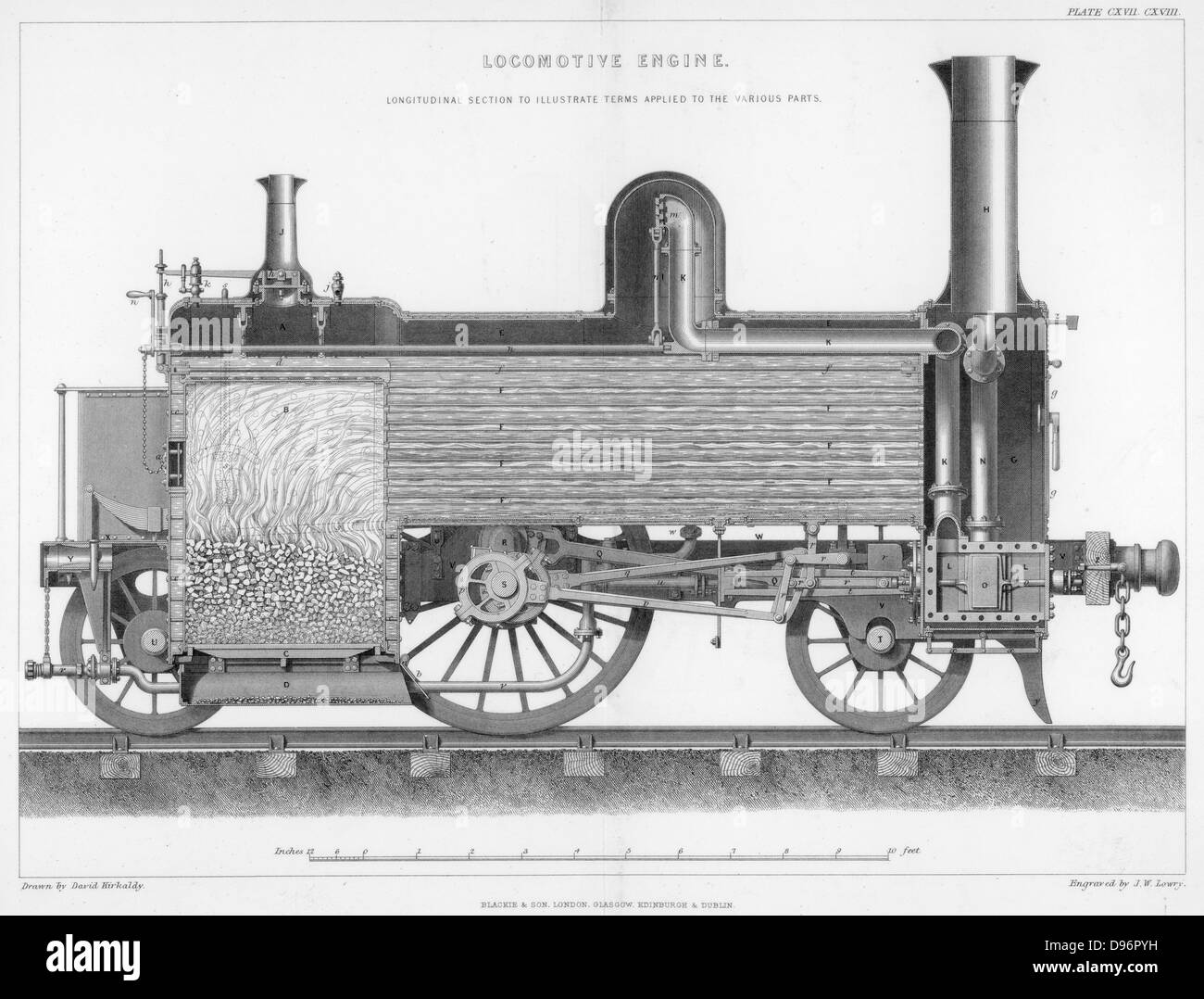 Longitudinal section of a typical British passenger steam locomotive, 1888.  The firebox heated the boiler tubes, producing steam to drive the locomotive. From 'The Popular Encyclopaedia'. (London, 1888). Stock Photo