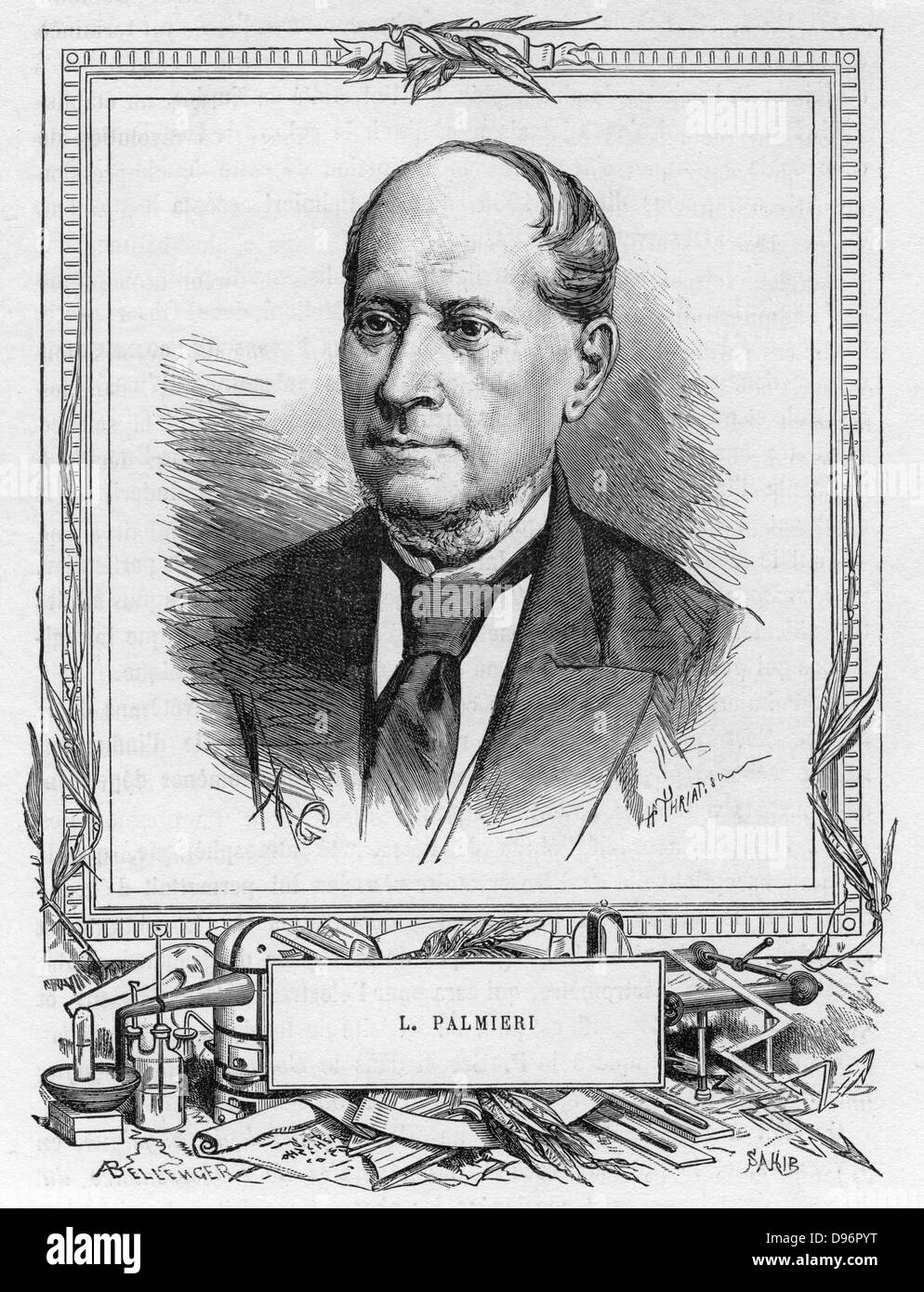 Luigi Palmieri (1807-1896), Italian geophysicist.   Palimieri was director of the Vesuvius Observatory which monitored the activity of the volcano.   In 1855 he invented a seismograph.  From 'Les Nouvelles Conquetes de la Science' by Louis Figuier, Paris, c1893. Stock Photo