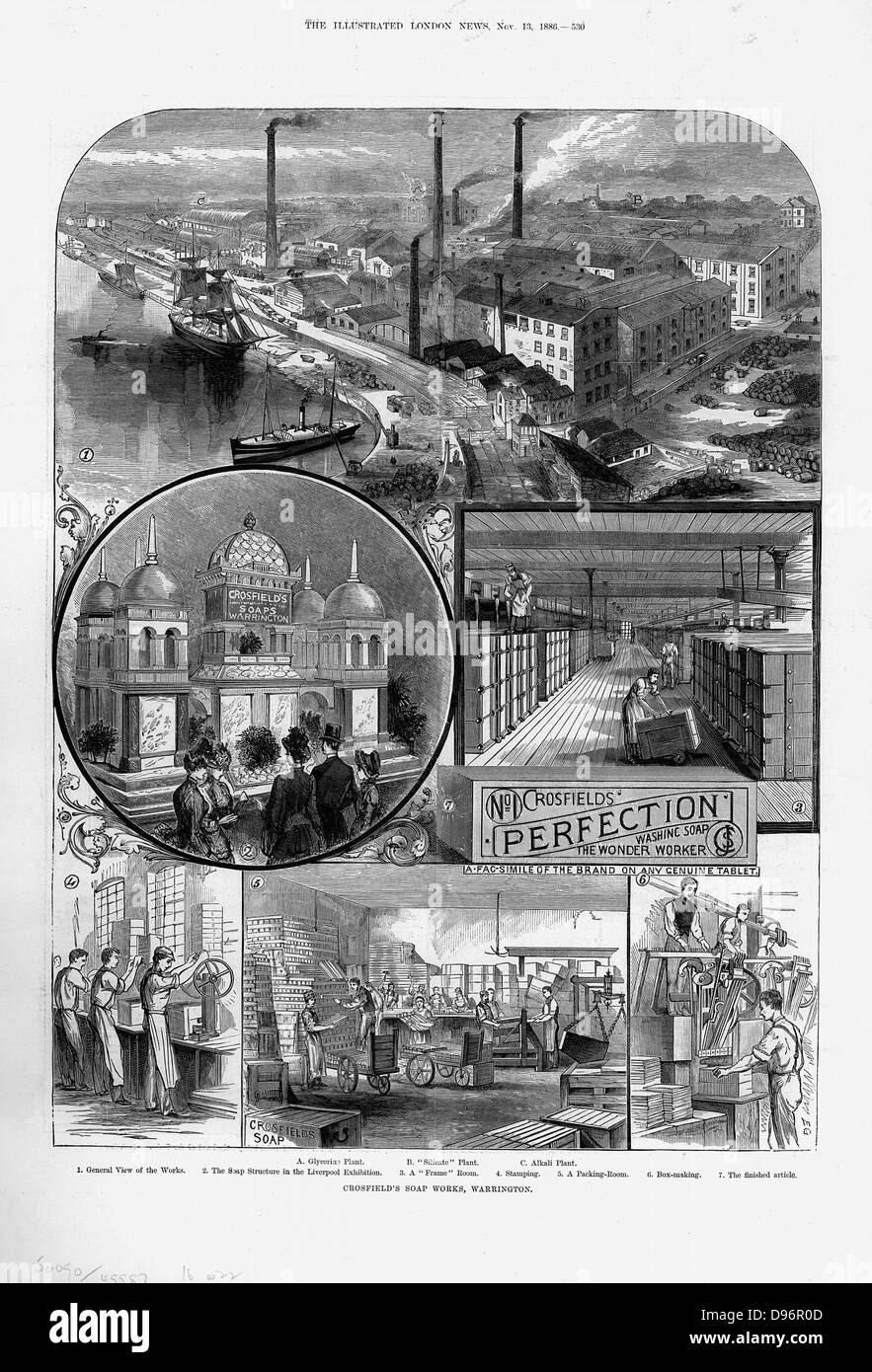 Joseph Crosfield & Son's soap factory at Bank Quarry, Warrington. A: Glycerine Plant B: Silicate Plant C: Alkali Plant 1: General view of works 2: Display at Liverpool Exhibition  3: Frame Room  4: Stamping  5: Packaging Room  6: Box Making  7: Bar of soap. Stock Photo
