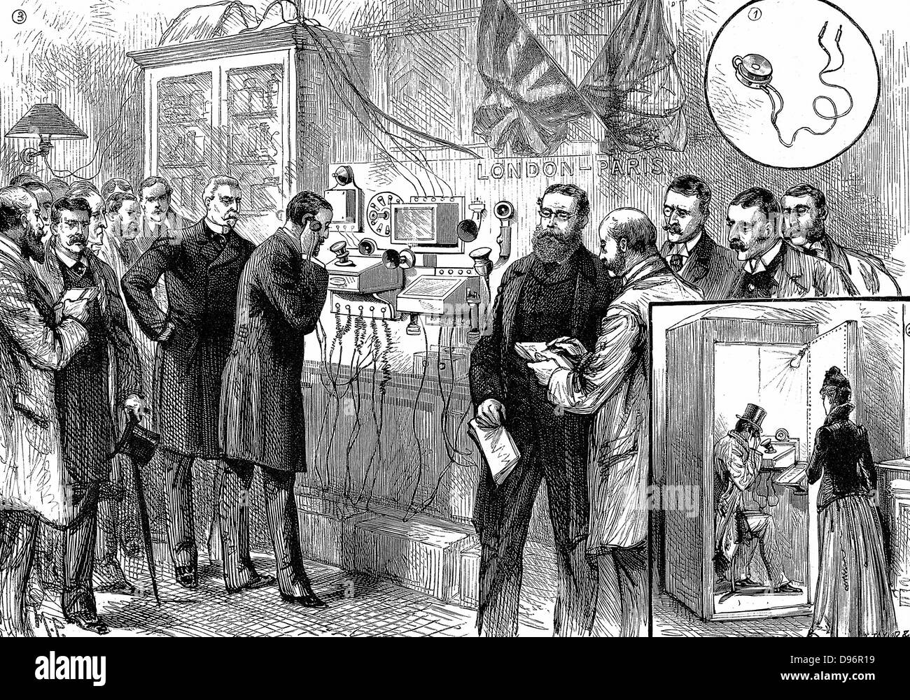 Opening of the Anglo-French telephone line. The first London to Paris telephone  conversation at the General Post Office, London. Bell instruments were used  at the London end. Wood engraving Paris 28 March