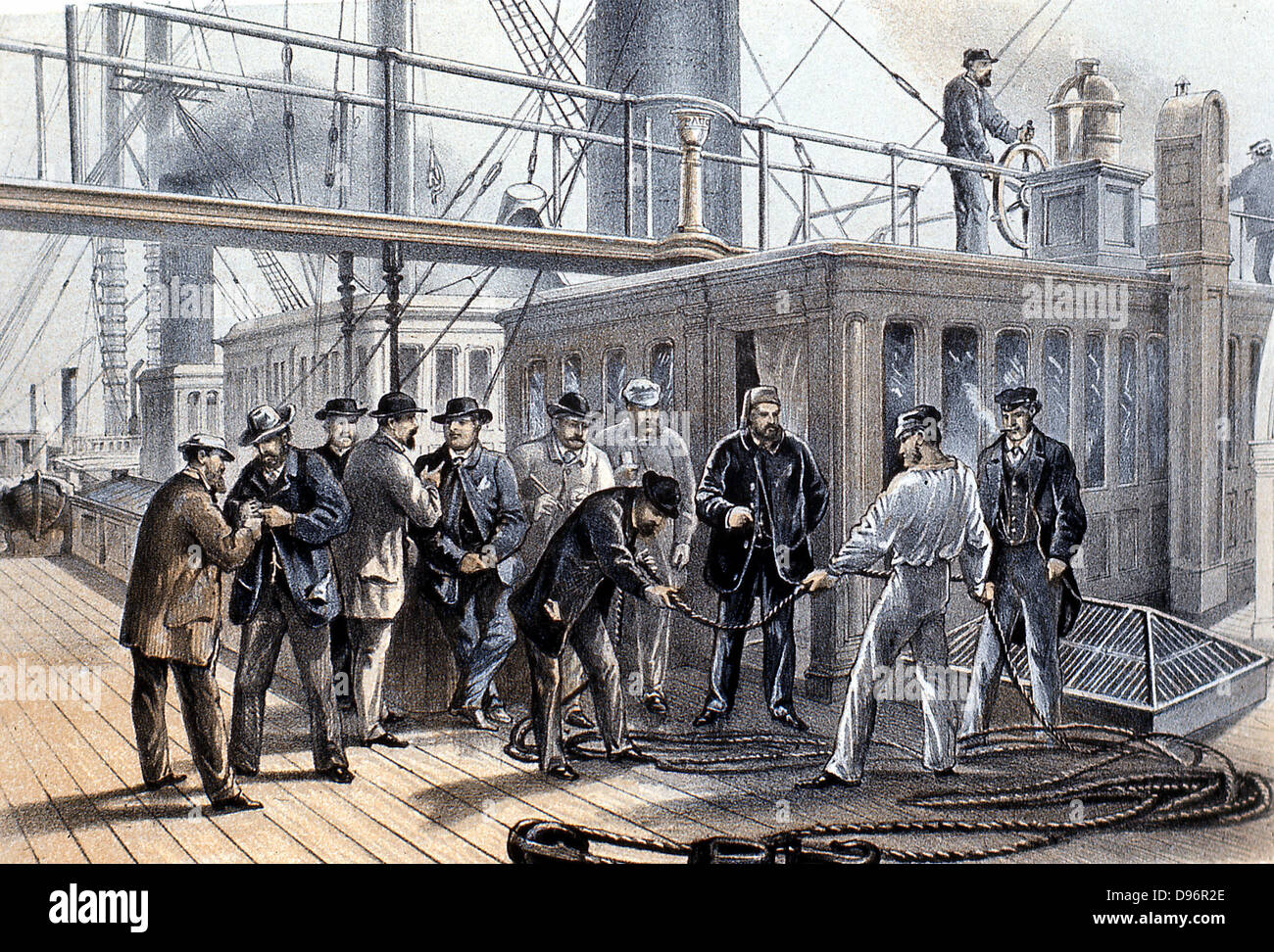 The Atlantic Telegraph: On deck of SS 'Great Eastern' searching cable for  a fault after its recovery from the bottom of the Atlantic 31 July 1865. From WH Russell 'The Atlantic Telegraph' London 1866. Tinted lithograph. Stock Photo