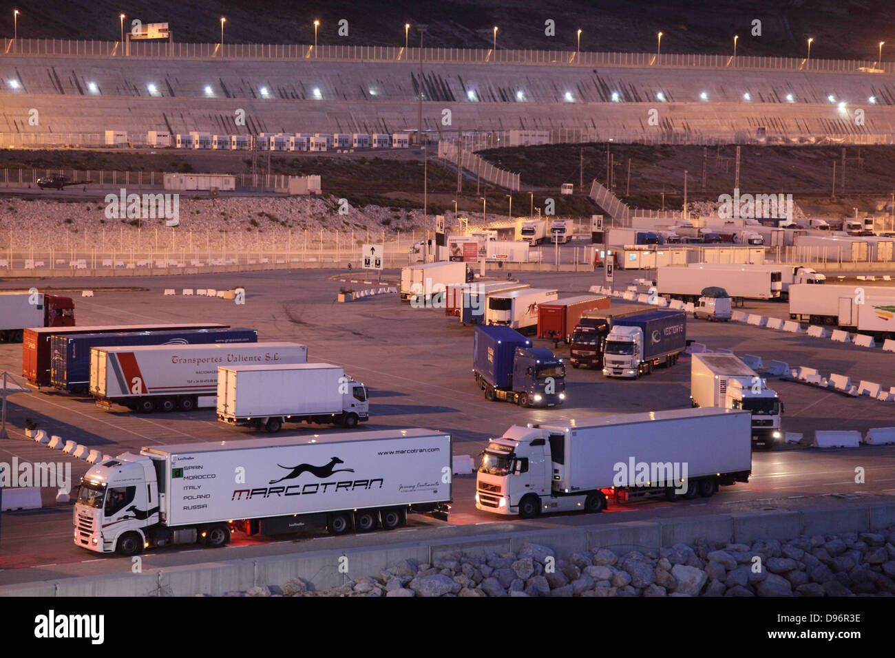 Trucks in the new Tangier Med port in Morocco Stock Photo