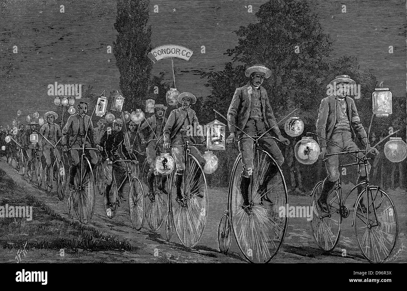 Gathering of the UK cycling clubs at Castle Inn, Woodford, Essex, 1 June 1889. After a day of cycling followed by an evening smoking concert the gathering took a 'Chinese Lantern' ride to Walthamstow. Wood engraving June 1889. Stock Photo