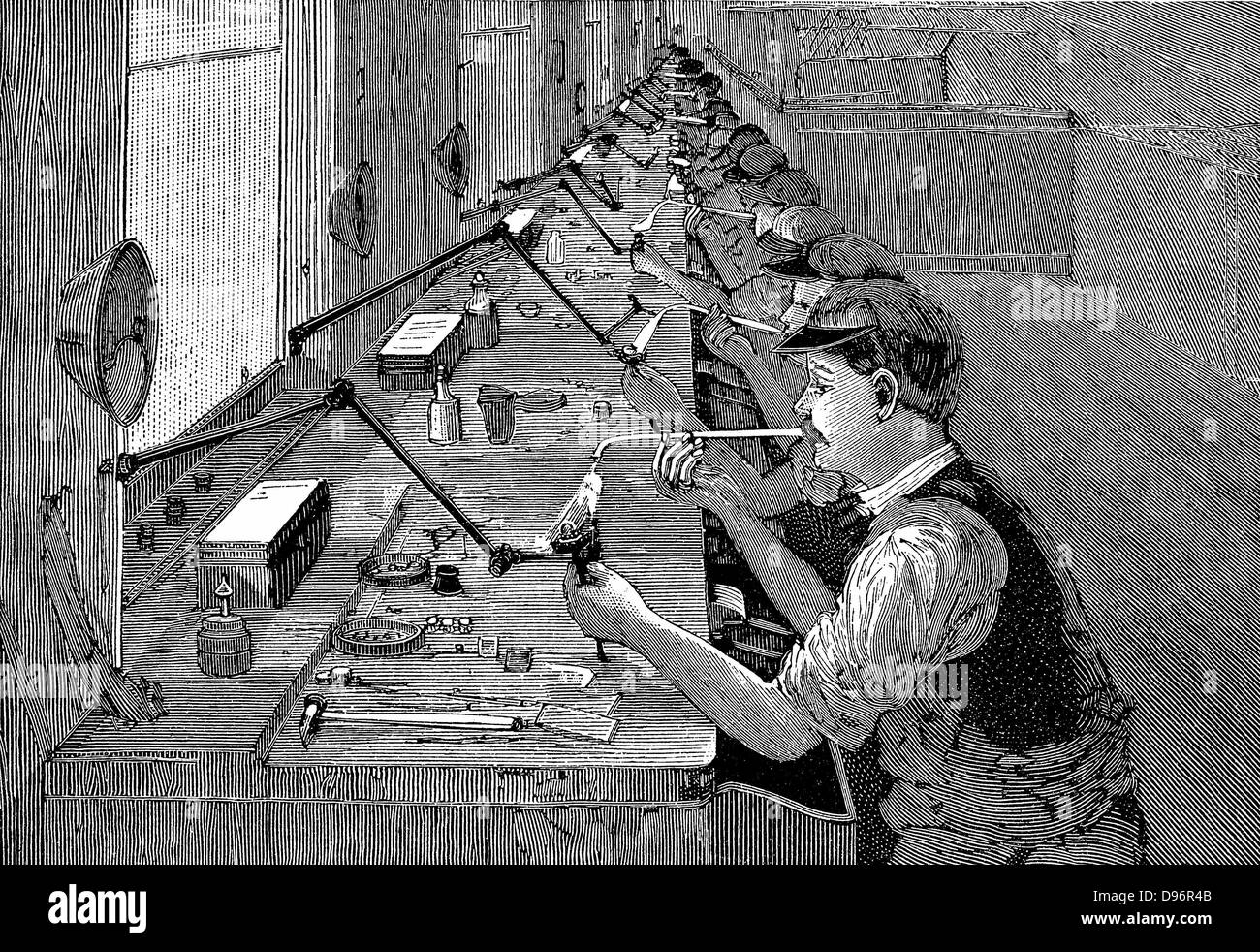 Soldering bicycle parts in an American factory (unnamed) Wood engraving, Leipzig c1900. Stock Photo