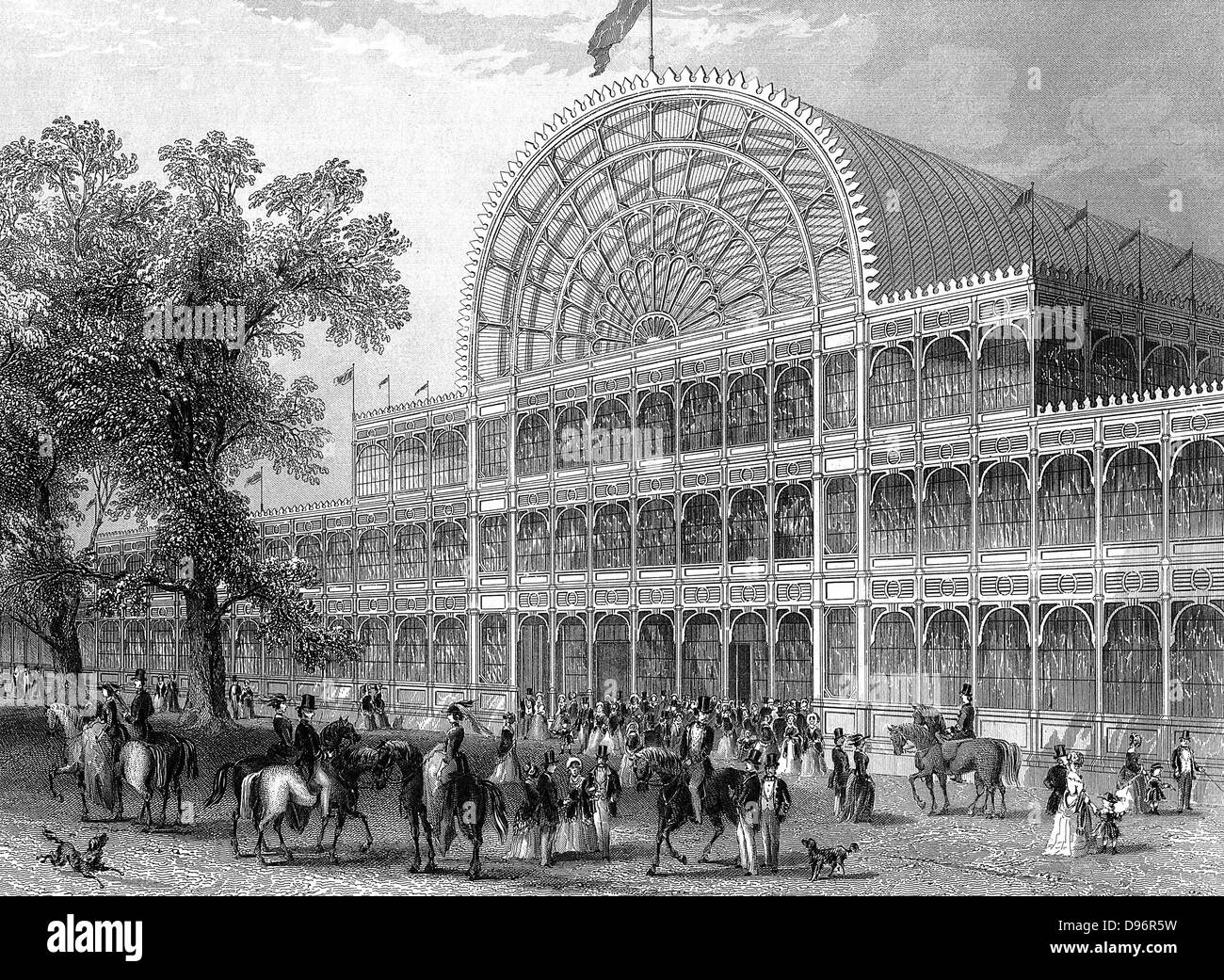 Exterior of the North Transept of the Crystal Palace, London, at the time of the Great Exhibition of 1851.  Steel engraving 1851 Stock Photo