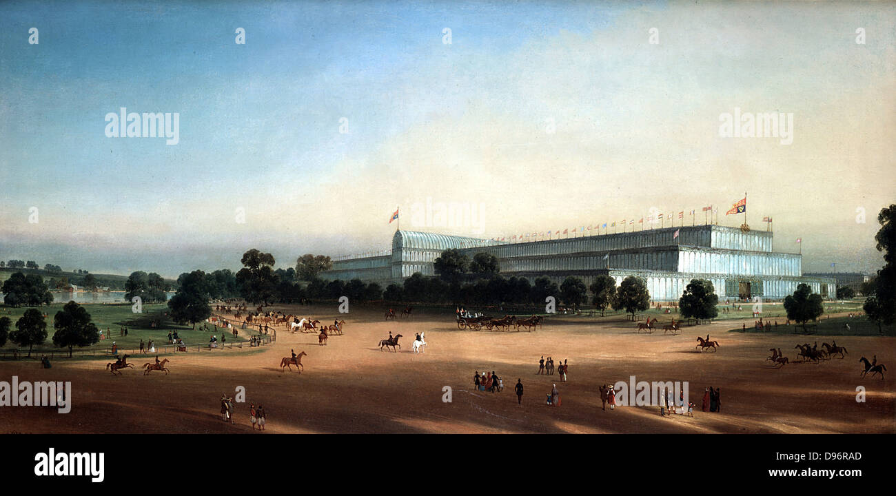 Crystal Palace, Hyde Park,  iron-framed glass building designed by Joseph Paxton and erected for the Great Exhibition of 1851. Queen Victoria's carriage centre. From painting by P le Bihan. Stock Photo