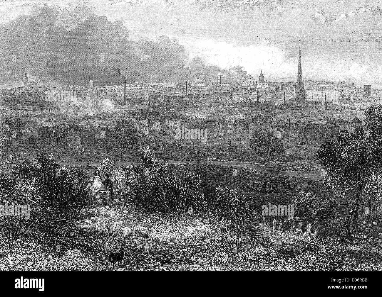 Birmingham viewed from the south showing smoking chimneys engraving c1860 hires stock