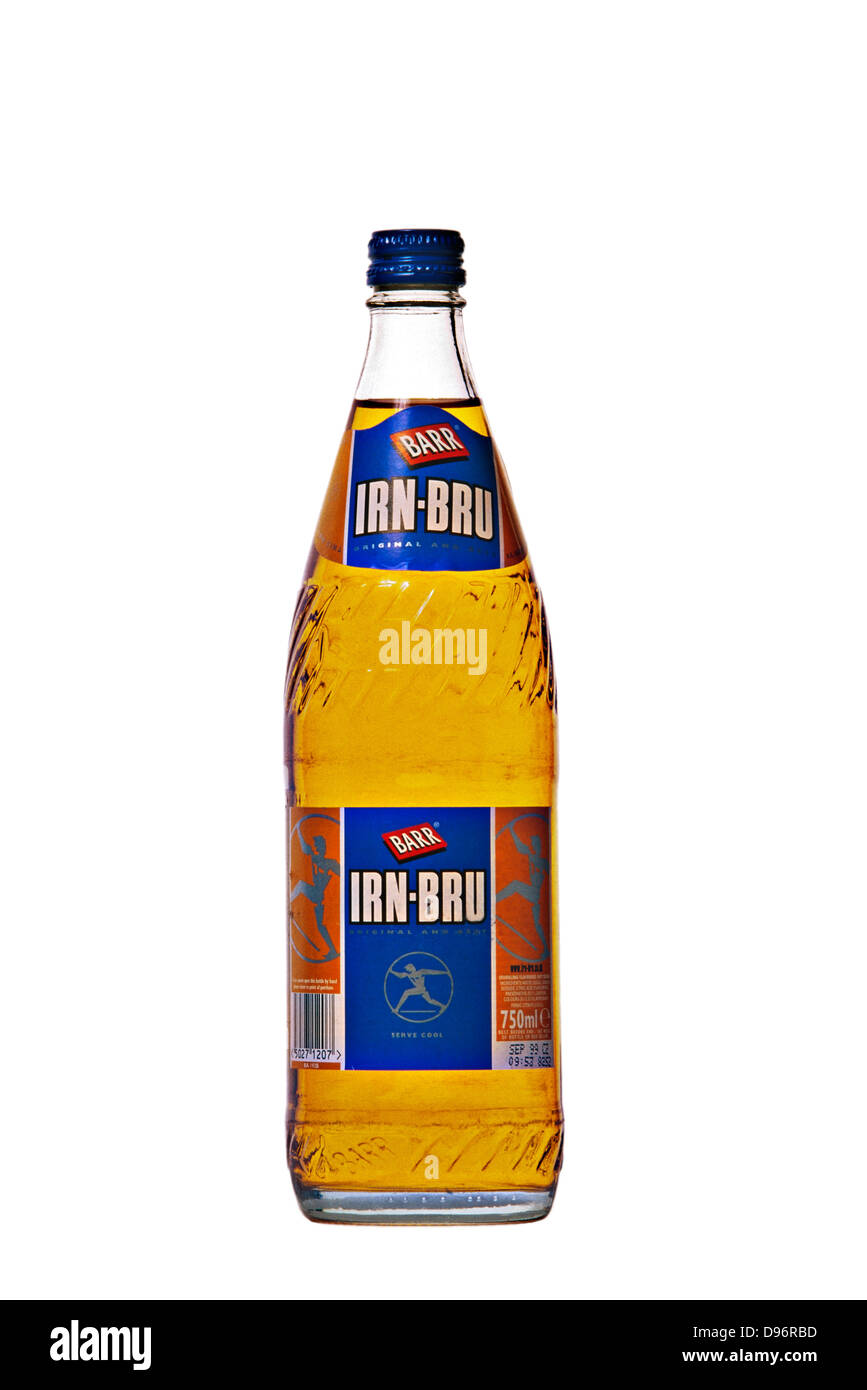 A classic glass bottle of Irn Bru against a white background Stock