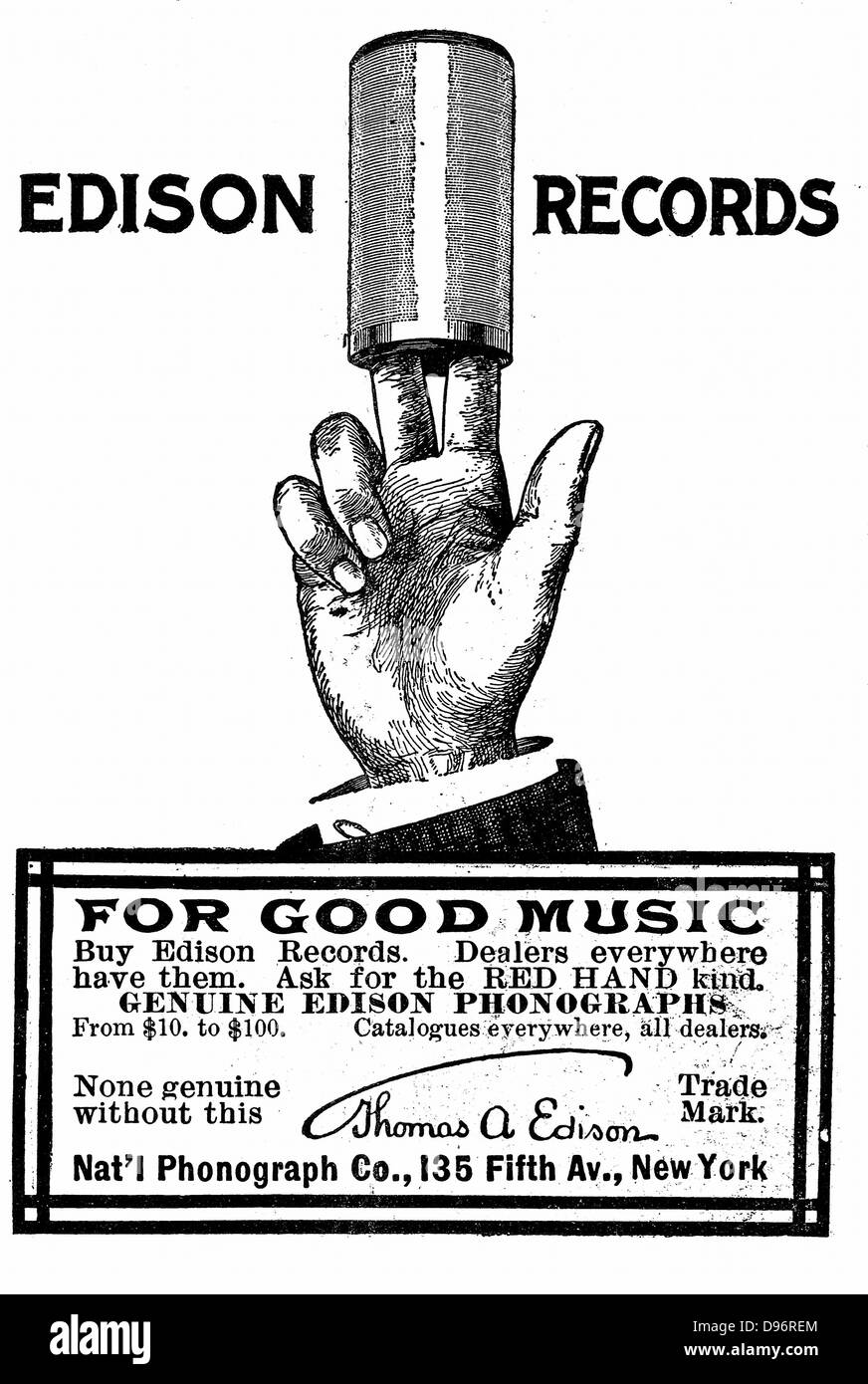 Advertisement for Edison Phonograph cylinder recordings. From 'Scientific American' New York 1900 Stock Photo