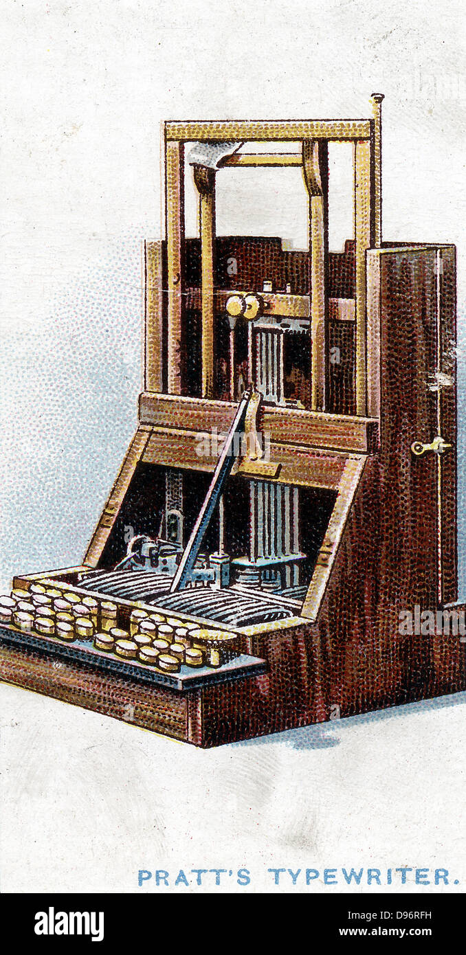 Typewriter patented by John Pratt in 1866 . Chromolithograph  1915 Stock Photo