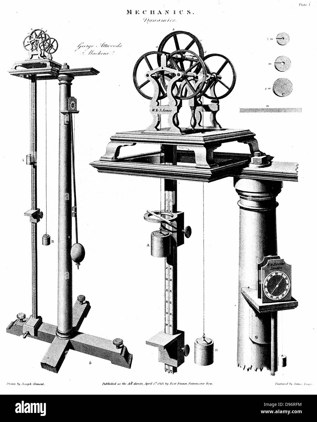 George Atwood's (1746-1807) machine for demonstrating and investigating effect of gravity on falling bodies. Invented c1780.  English mathematician. Stock Photo