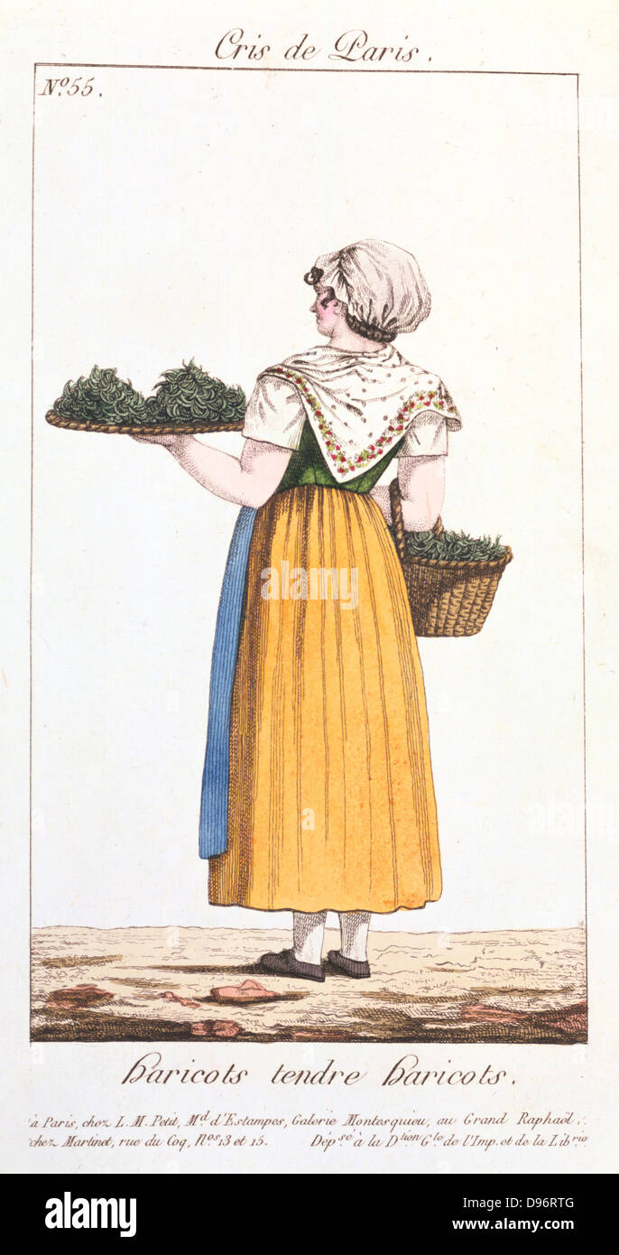 Green bean seller. From 'Arts, Metiers et Cris de Paris' Paris, 1826. Coloured engraving. Stock Photo
