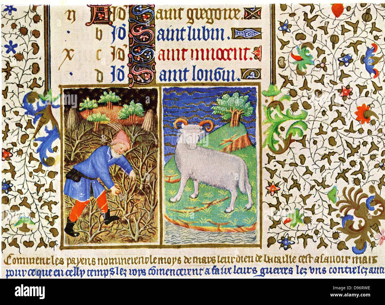 March. Astrological sign of Aries. Pruning. From the 'Bedford Hours', French 15th century illuminated manuscript. British Library, London. Stock Photo