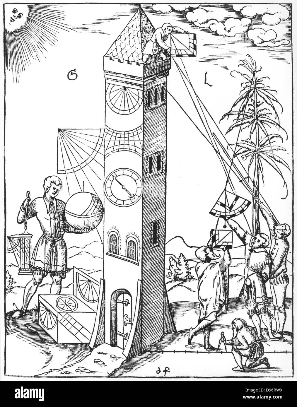 Methods of surveying (right) and time keeping (left). On the left are various different kinds of sundials and a clock with a single arm. On the right a survey is being made of the height of the tower, using quadrants and, on the far right, a cross staff. From Sebastian Munster 'Rudimenta Mathematica', Basle, 1551. Woodcut. Stock Photo