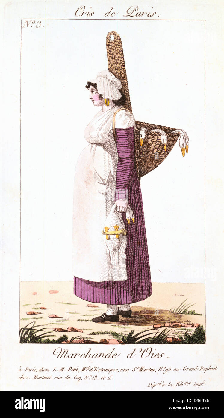 Goose seller. From 'Arts, Metiers et Cris de Paris' Paris, 1826. Coloured engraving Stock Photo