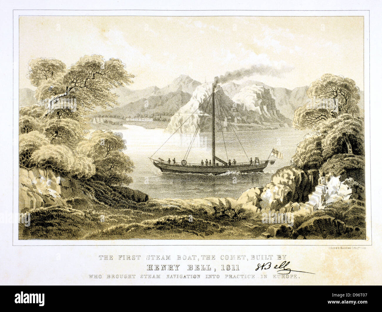 Comet', Henry Bell's steam boat of 1811. 40ft long, powered by a 3 horse power Boulton & Watt engine. Carried passengers on Clyde between Glasgow and Greenock, Scotland. Tinted lithograph, 1856. Stock Photo