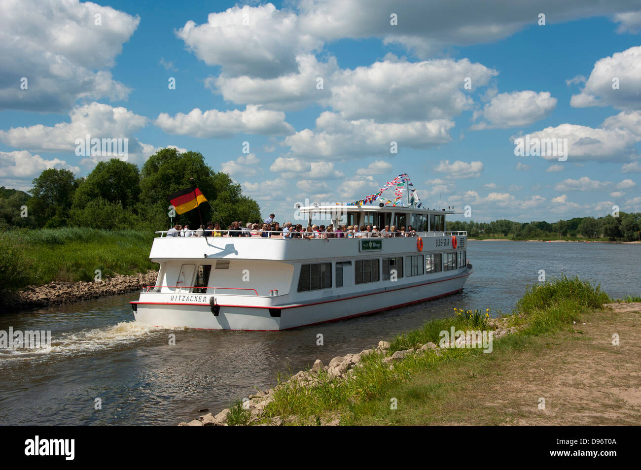 Excursion boat, River Elbe, Hitzacker, Lower Saxony, Germany , Ausflugsboot, Elbe, Hitzacker, Niedersachsen, Deutschland Stock Photo