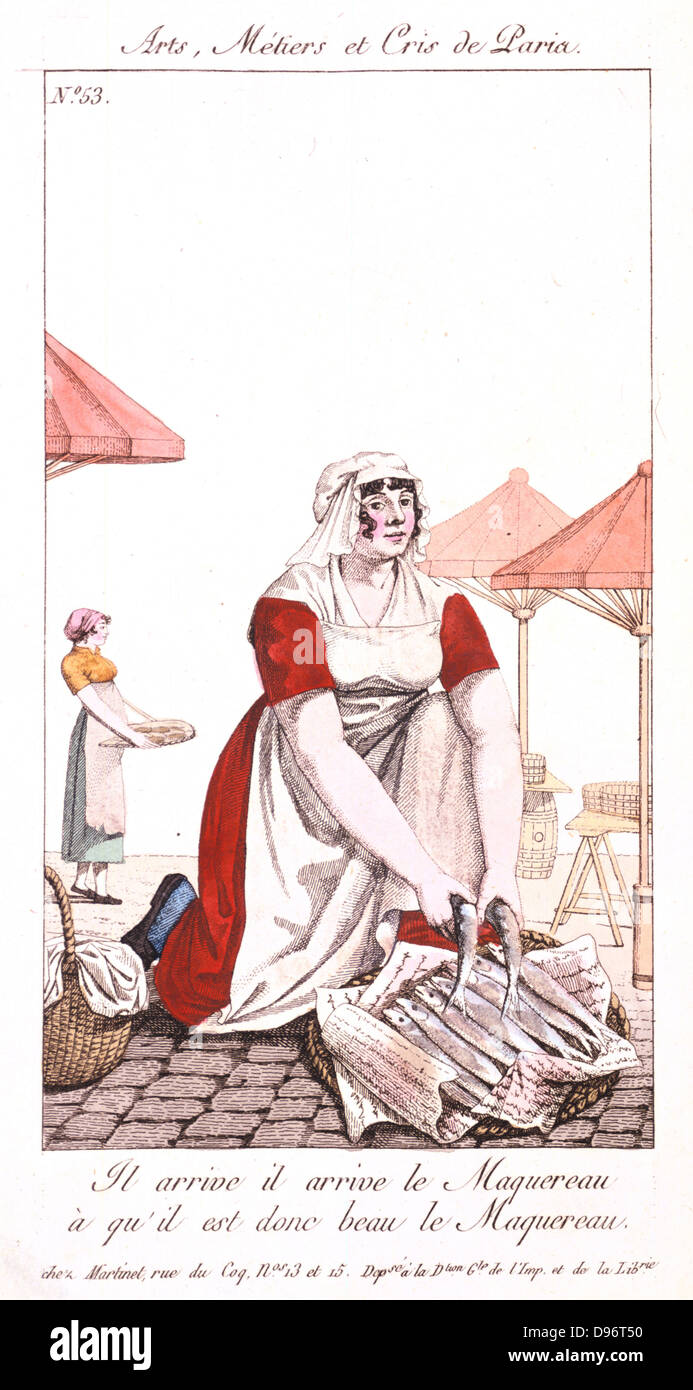 Selling mackerel. From 'Arts, Metiers et Cris de Paris' Paris, 1826. Coloured engraving. Stock Photo