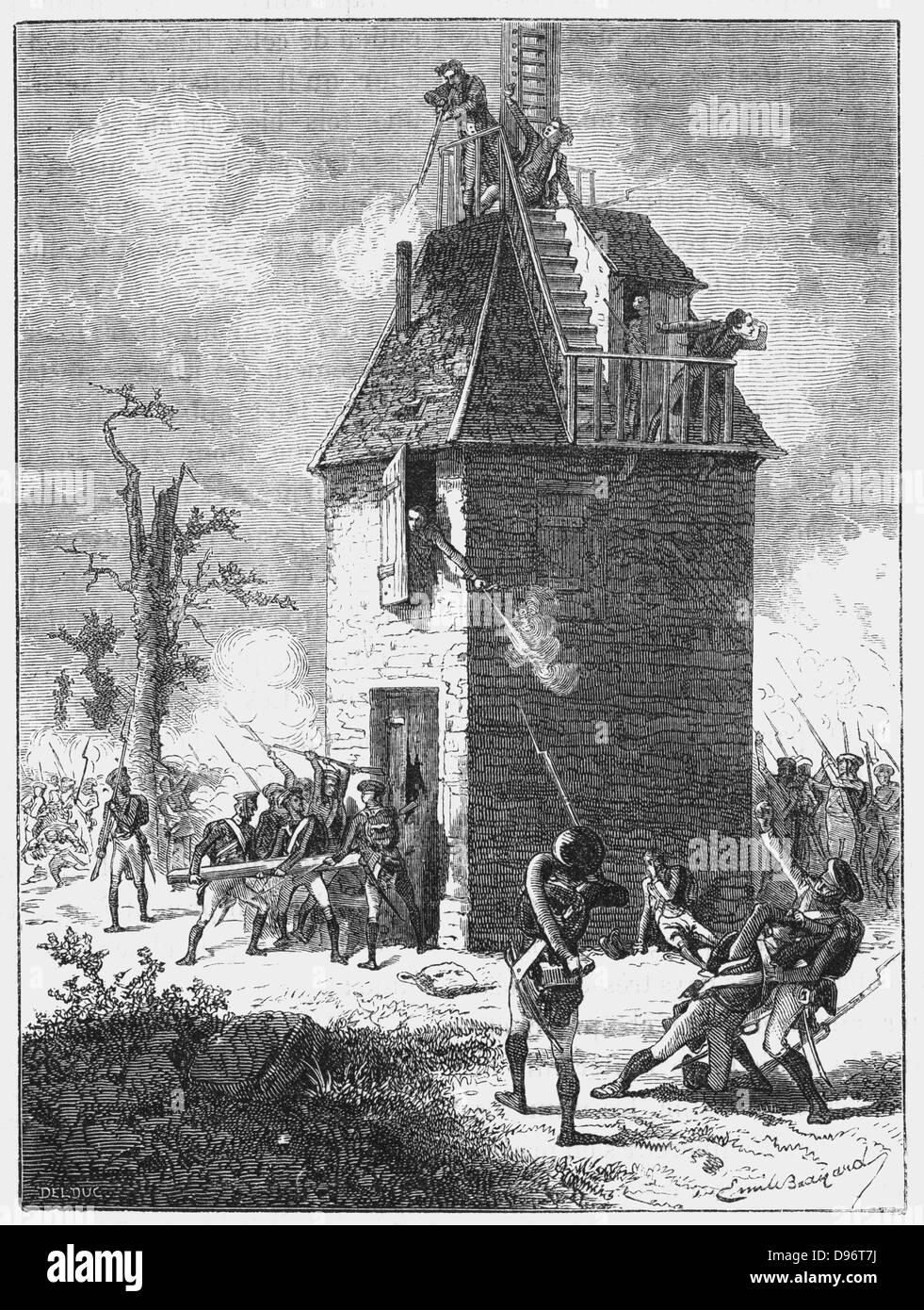 Napoleon's soldiers defending a telegraph post shortly before his defeat by Wellington. This would have been fitted with the Chappe optical/aerial telegraph (semaphore) system. From Louis Figuier 'Les Merveilles de la Science', Paris, c1870. Engraving. Stock Photo
