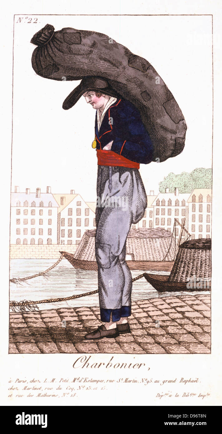 Paris Coalman, with barge on the Seine in background. From 'Arts, Metiers et Cris de Paris' Paris, 1826. Coloured engraving. Stock Photo
