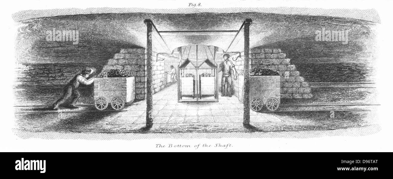 Bottom of pit shaft, showing cage and tubs of coal. Also visible is the shaft pillar, the area of coal left unexcavated around the shaft. Engraving 1862. Stock Photo