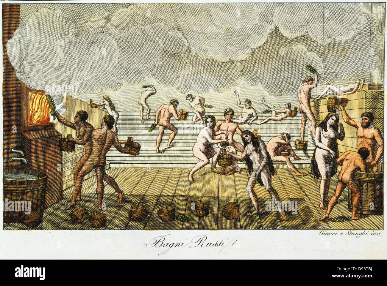 Sauna (Russian) bath. From an early 19th century hand-coloured copperplate print. Stock Photo