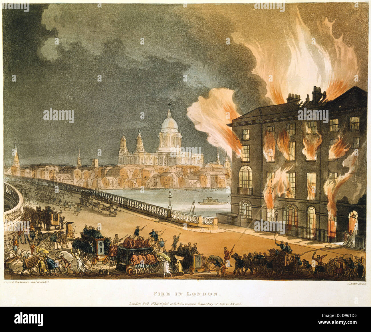 Albion Mills, on the south side of Blackfriars Bridge, burning, 3 March 1791, after set alight by arsonists. Built by Boulton and Watt, it was first steam-powered flour mill in London, (1786) Engineer for mill machinery: John Rennie (1761-1821) Architect: James Wyatt (1746-1813). From 'Microcosm of London', Rudolph Ackermann, London 1808-1810, illustrated Pugin and Rowlandson. Aquatint. Stock Photo