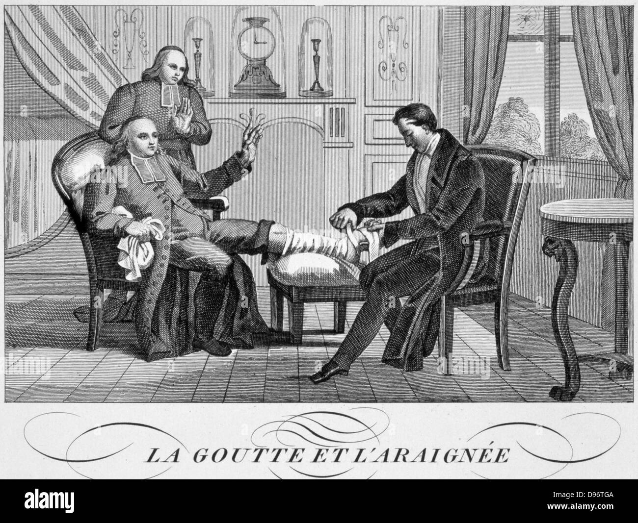 Physician attending a gouty clerical patient. Illustration for 'Gout and the Spider' from a French edition of La Fontaine 'Fables' published c1835. Stock Photo