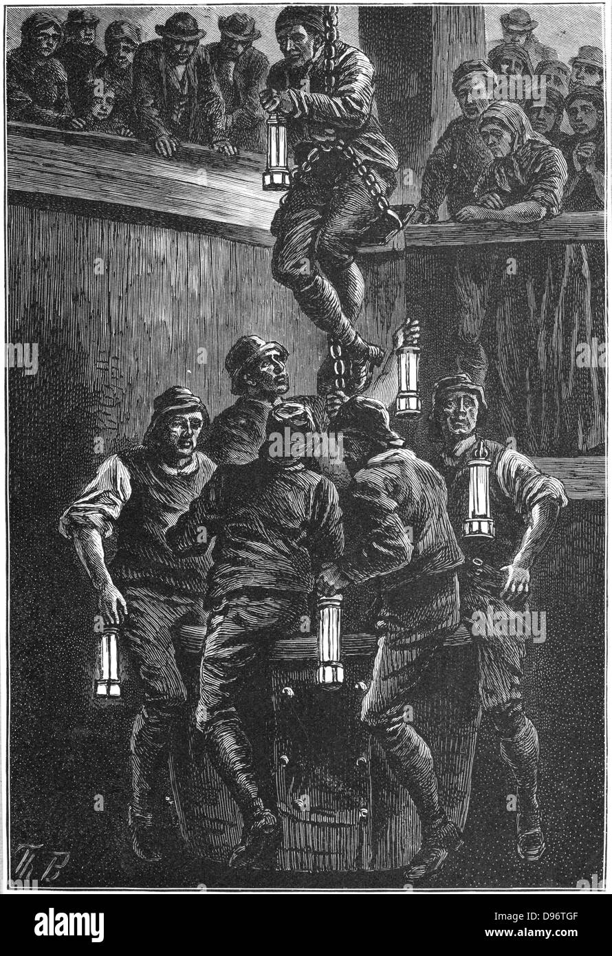 Explorers going down the pit shaft at Seaham Colliery, County Durham, England to begin rescue operations after the disaster of September 1880. Engraving c1895. Stock Photo