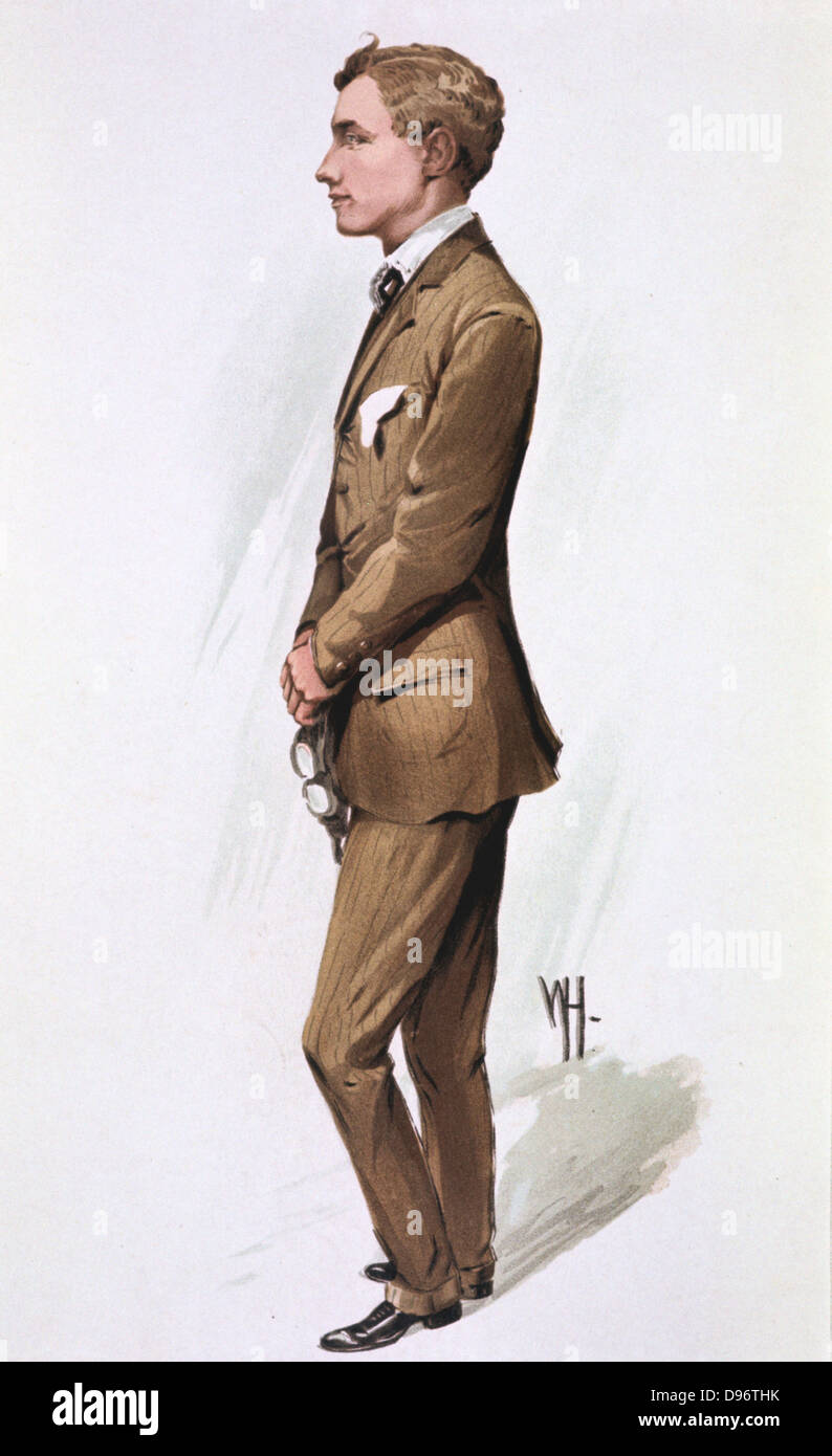 Flight', 1913. Gustave Hamel (1884?-1914), English aviation pioneer. Hamel disappeared over the English Channel on 23 May 1914 on a flight from France piloting a new aircraft. Cartoon from 'Vanity Fair'. (London, 31 July 1913). Stock Photo