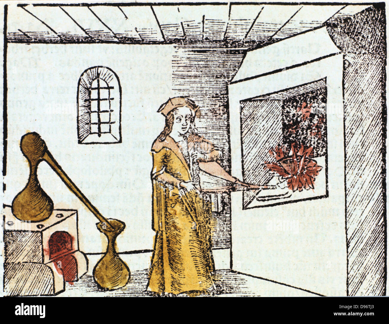 The Chemist, 1508, The Chemist or Alchemist is using bellows to heat up the fire under under a crucible. Behind him an alembic standing on a furnace is being used for distillation. Distillate condenses in rounded hood of alembic and runs down through beak into collecting vessel. From 'Margarita philosophica' ('The Pearl of Philosophy') by Gregor Reisch. (Basle, 1508). This book was an early encyclopaedia of knowledge for students. Stock Photo