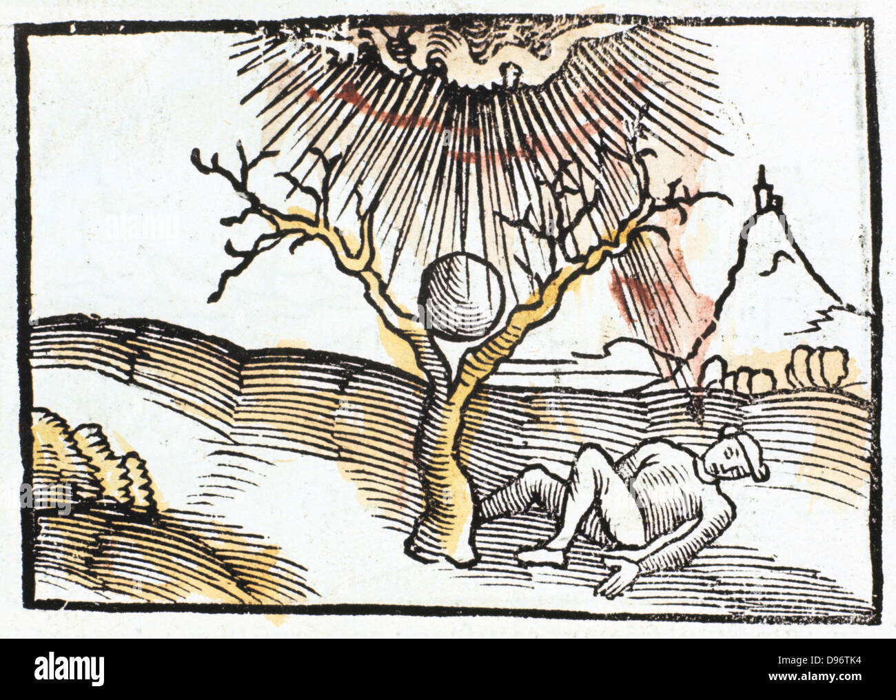 Thunderbolt or lightning, 1508. Man sheltering under a tree struck by lightning or a thunderbolt. From 'Margarita philosophica' ('The Pearl of Philosophy') by Gregor Reisch. (Basle, 1508). This book was an early encyclopaedia of knowledge for students. Stock Photo