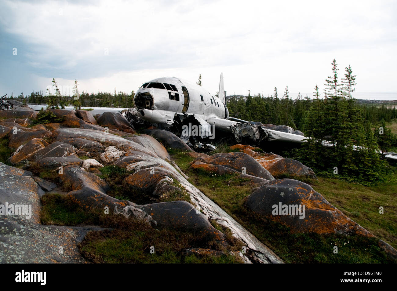 The C-46 plane crash site and wreckage known as the 'Miss Piggy,' which crashed in November 1979 outside the town of Churchill, Manitoba, Canada. Stock Photo