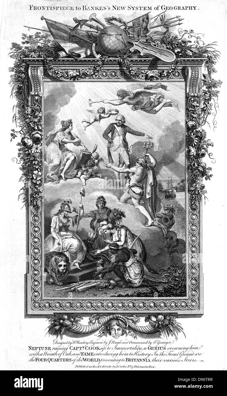 Neptune raising James Cook (1723-79) English navigator, explorer and hydrographer to immortality, and Fame writing his name in the book of history. In foreground inhabitants of America, Africa and Asia pay homage to Britannia. Allegorical copperplate engraving by John Neagle (fl1789-1816) and W Grainger after design by Hanover-born artist Johann Heinrich Ramberg (1763-1840). Stock Photo
